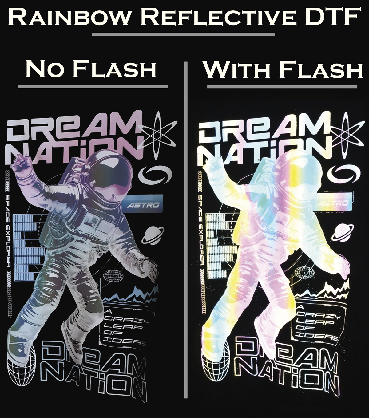 Rainbow reflective DTF comparison in normal and direct light