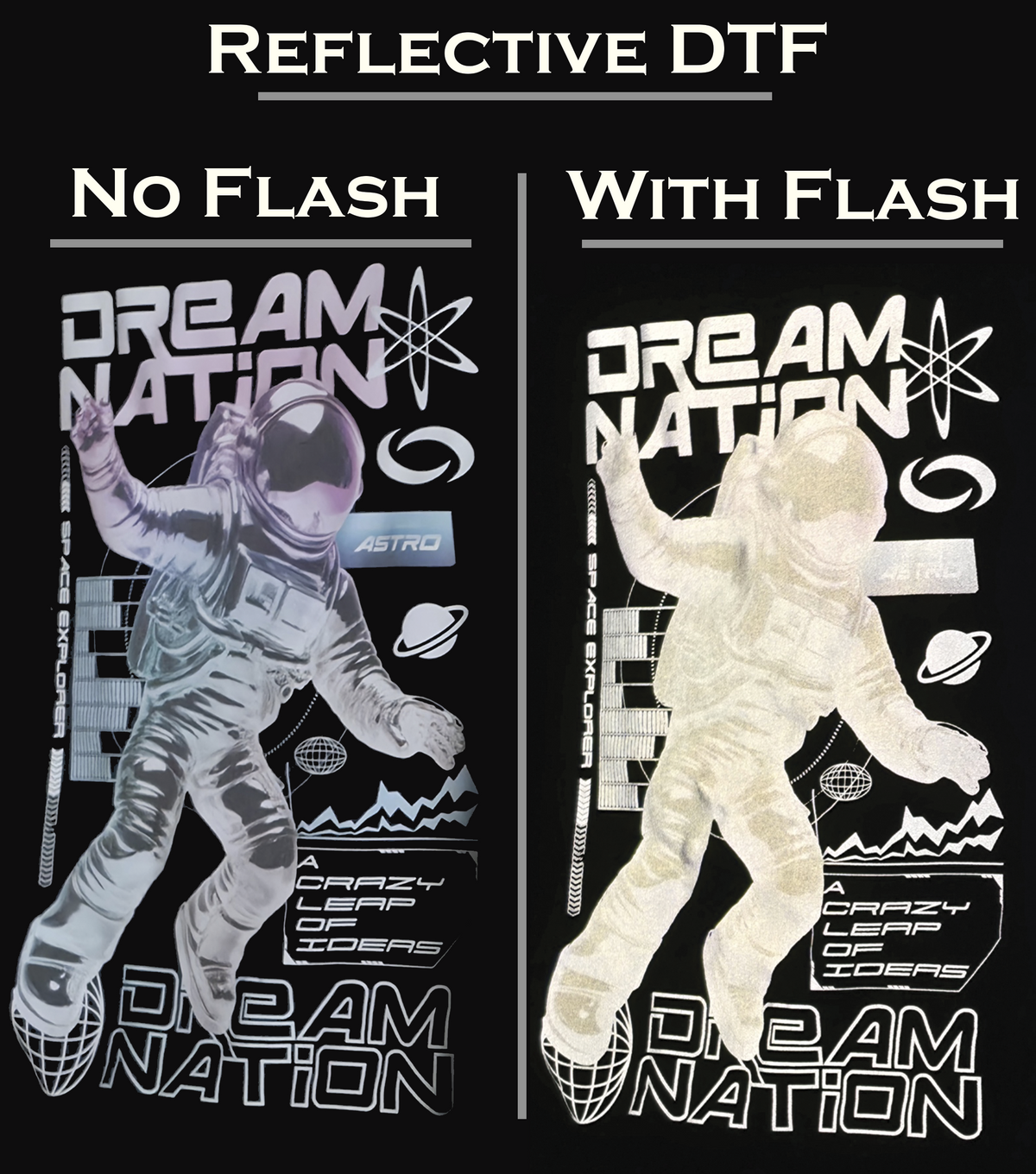 Reflective DTF transfer comparison in normal and direct light